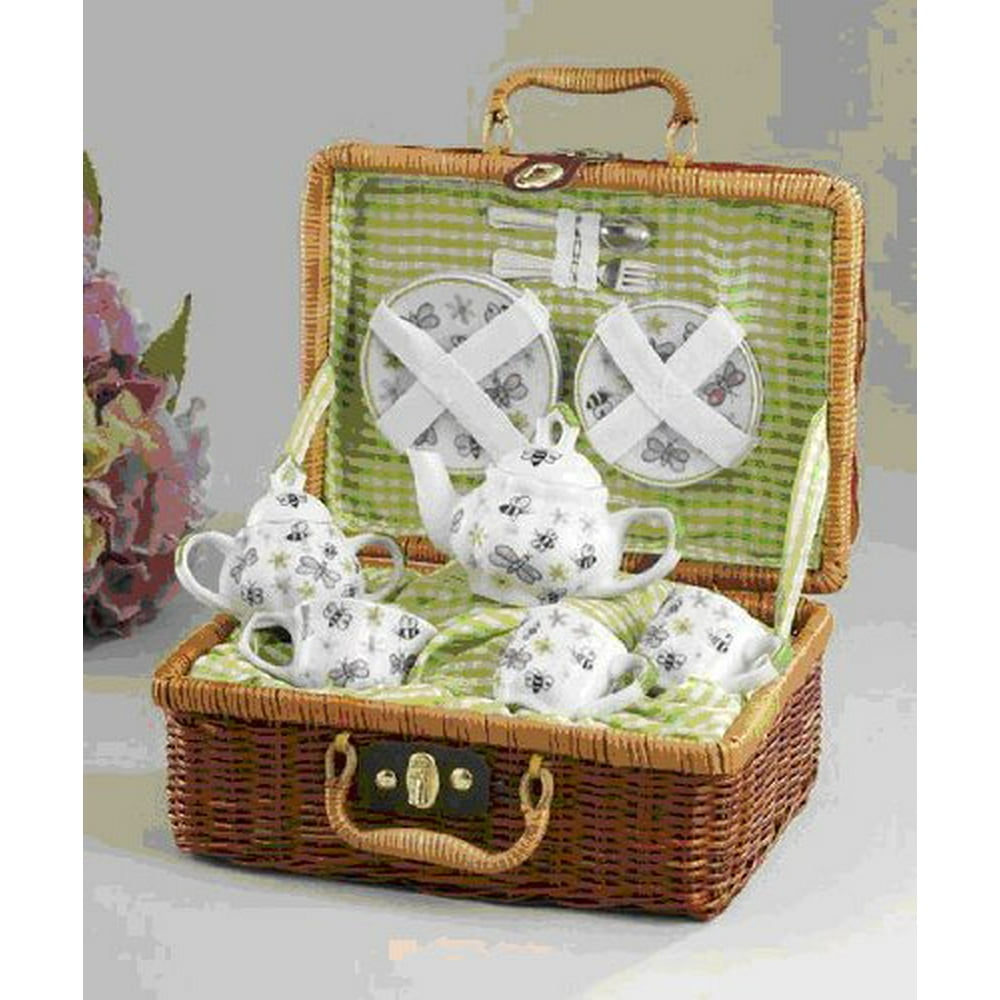 Delton Products Green Bumble Bee Porcelain Tea Set for Two in Basket