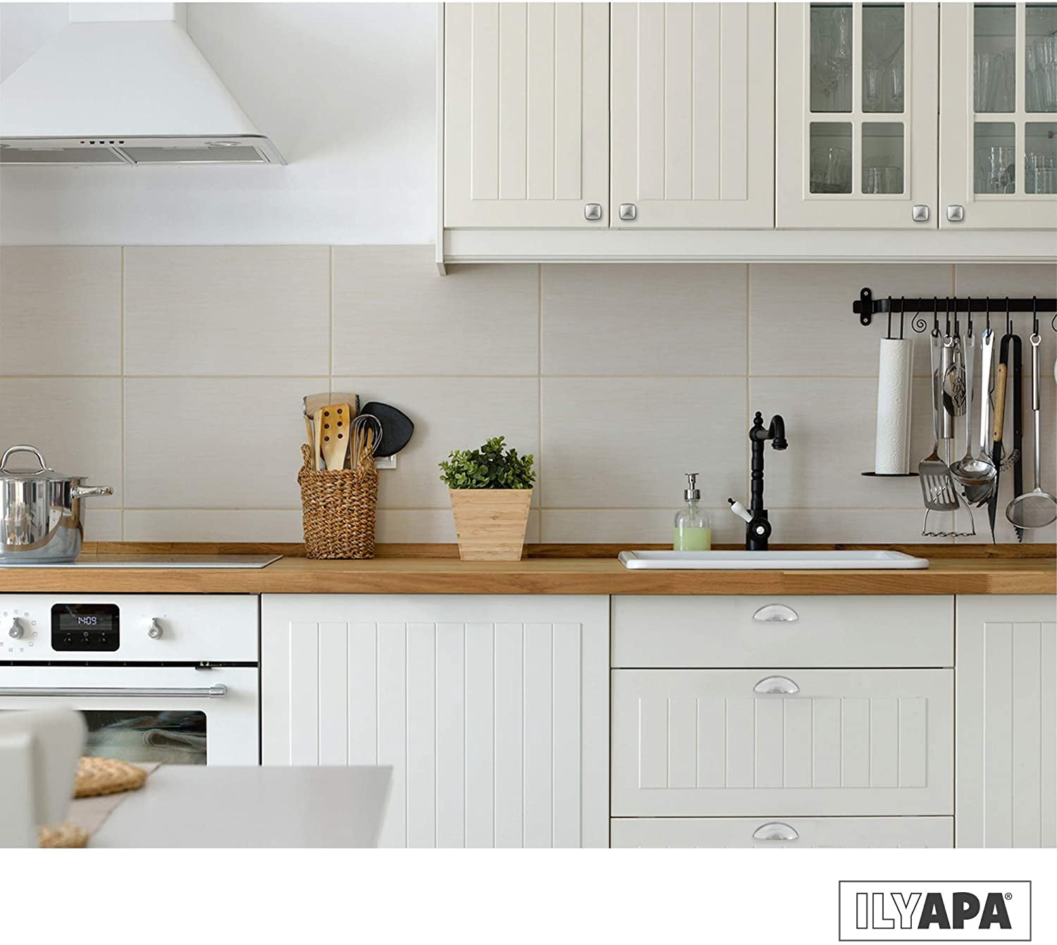 Ilyapa Satin Nickel Kitchen Cabinet Pulls - 3 Inch Hole Center Bin Cup Drawer Handles - 10 Pack of Kitchen Cabinet Hardware - New Design ?