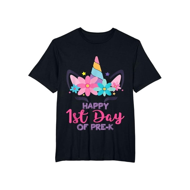 Camiseta para niños: linda camiseta de algodón con estampado floral de unicornio y texto "Feliz primer día de preescolar". Camiseta de manga corta con cuello redondo para niños y niñas. Lavable a má