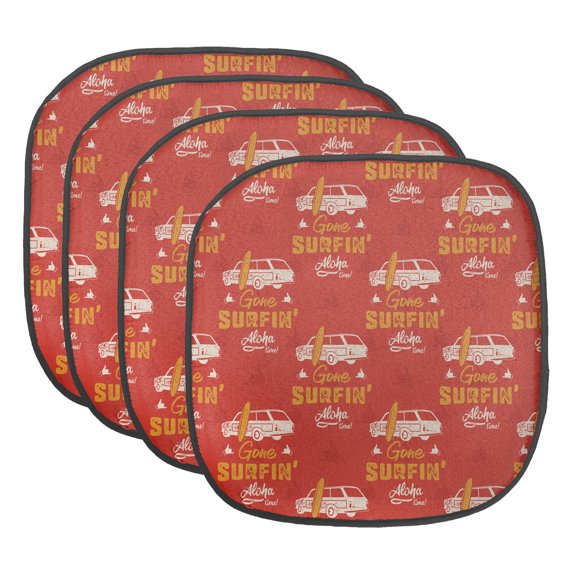 Beach Theme Chair Seating Cushion Set of 4, Gone Surfin Aloha Time Calligraphy with a Vintage Surf Wagon, Seat Pads for Office with Anti-slip Backing, 16"x16", Dark Yellow Paprika, by Ambesonne