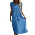 thumbnail image 2 of YuXingFu Womens 100% Cotton Dresses Maxi Crew Neck Plus Size Womens Dress Short Sleeve Solid Color Long Casual Summer Blue S, 2 of 9