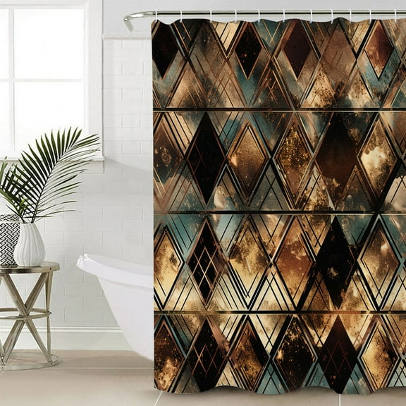 Brown Teal Geometric Waterproof Fabric Shower Curtain, Retro Modern Plaid Abstract Art Shower Curtain for Bathroom Curtains Bathtubs Hotel Washable Shower Curtains with 12 Hooks Small 36x72in