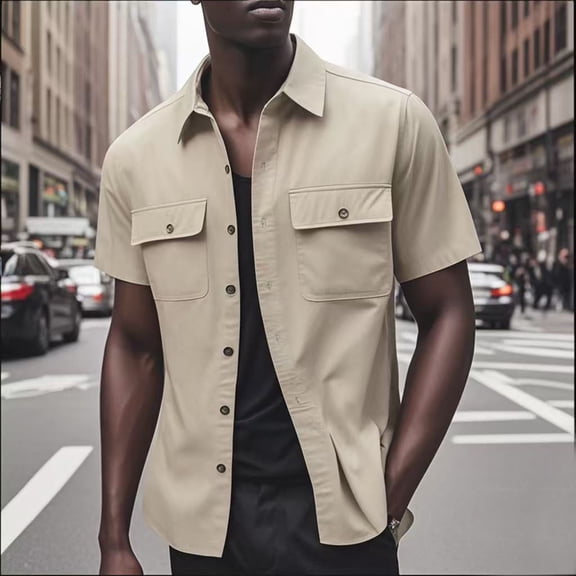 DPTALR Men's Workwear Casual Solid Color Shirt,Short Sleeve Turn-Down Collar,Button-Front Closure,Khaki,Big and Tall Man S