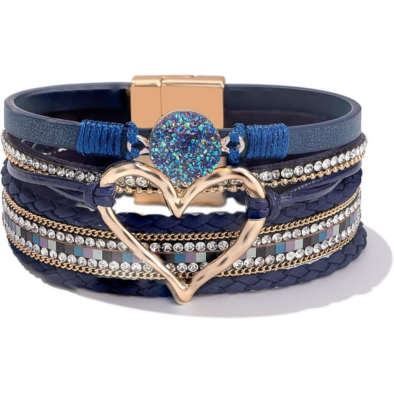 JennyShop Trendy Resin Stone Rhinestone Bracelets with Magnetic Clasp for Women Mother Gift Jewelry,Pretty Heart Leather Wrap Bracelets Stackable Cuff Bangles