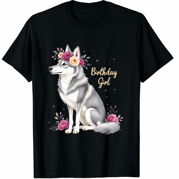 Wolf with Flowers for the Birthday Girl T-Shirt for Men Women
