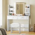 thumbnail image 4 of GloryStar Vanity Desk with Lighted Mirror, Makeup Vanity Set with Power Outlet, Cushioned Stool, Vanity Table with 6 Shelves, 2 Large Drawers, and 3 Color Light Adjustable Brightness, 4 of 7