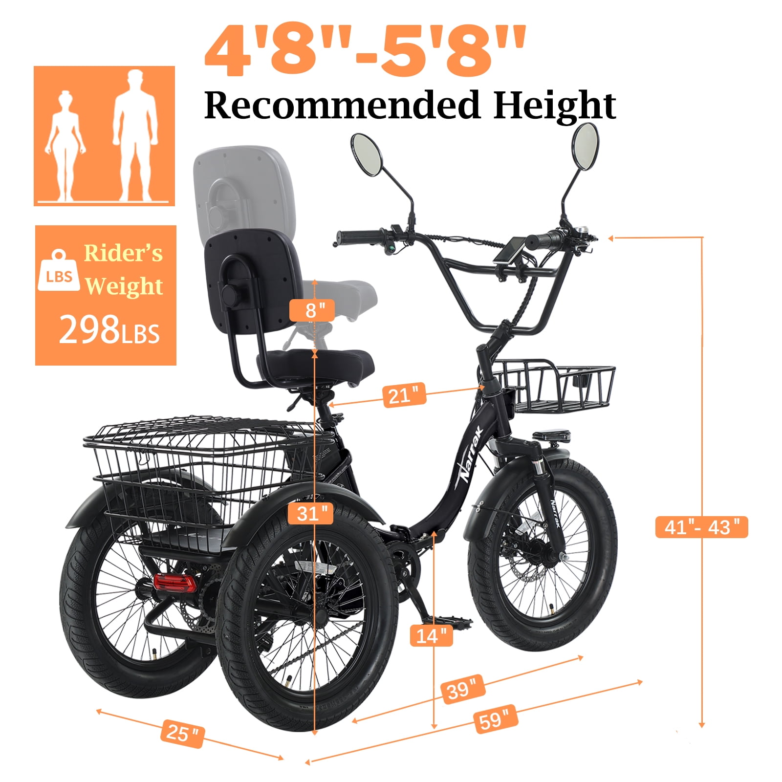 Narrak Electric Tricycle for Adults, Fat Tire Folding Electric Trike, 3 Wheels Electric Bicycle Bikes, Peak 1100W Step-Thru Etrike with 624WH Removable Battery and Large Basket for Women Men