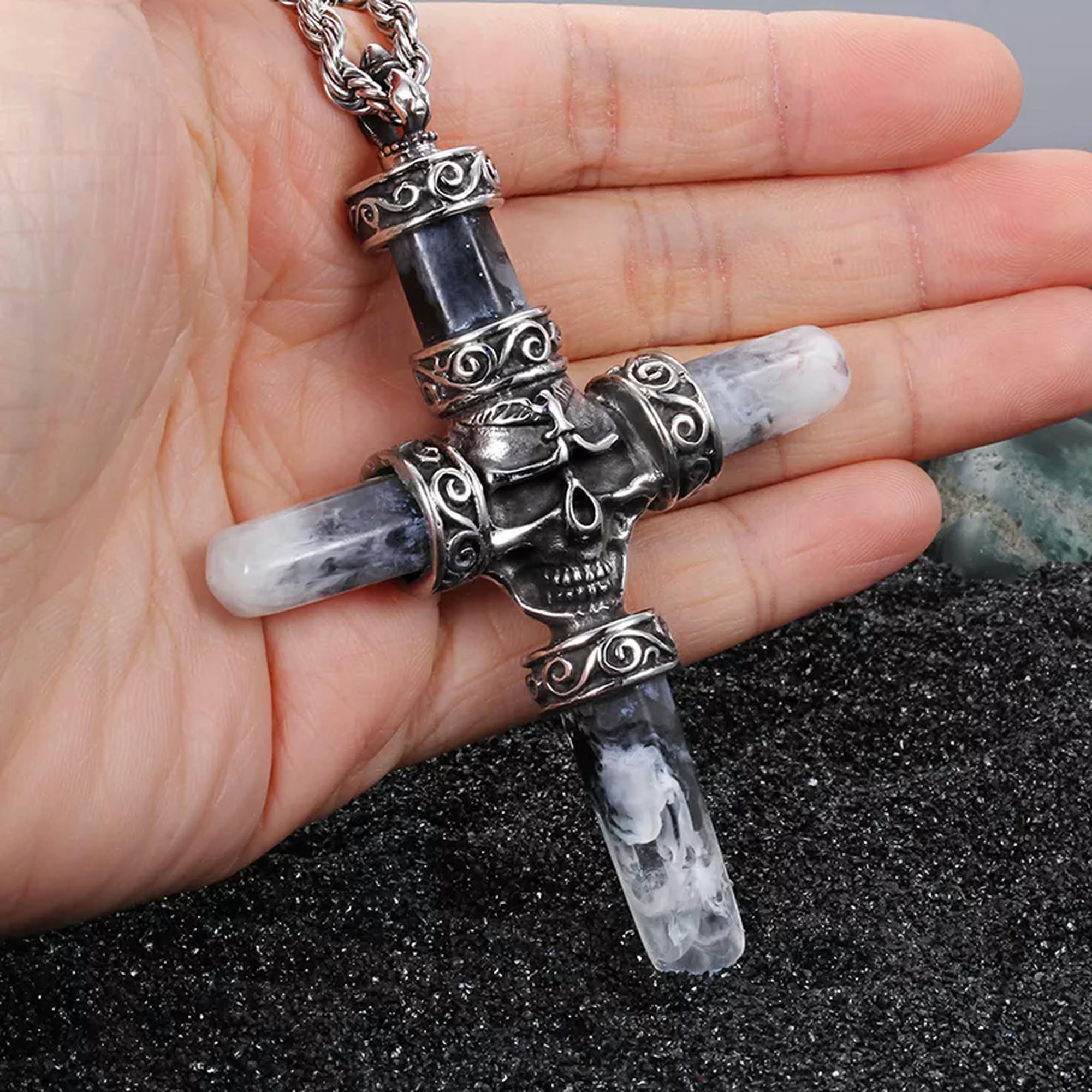 HOOUN Large Stainless Steel Cross skeleton Skull Pendant Mens Gothic Necklace 22