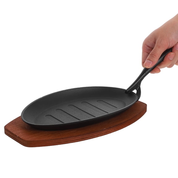ELAYARD Cast Iron Griddle Pan with Wooden Handle, Black, Cookware for Even Heat, Easy to Clean, Perfect for Stovetop Cooking