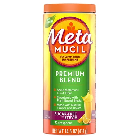 Metamucil Premium Blend, Psyllium Fiber Powder Supplement, Sugar-Free with Stevia, Natural Orange Flavor, 72