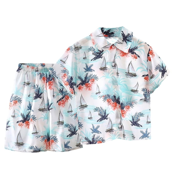 Bixock Onefit Sets for Kids Boys Summer Short Sleeve Hawaiian Print Shirt and Matching Shorts Loose Two Piece Sets