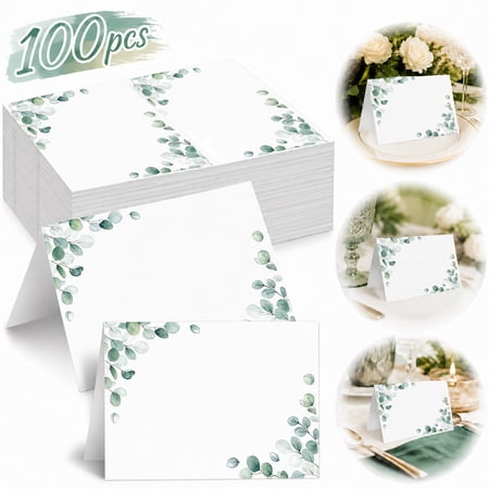100 Pack Watercolor Place Cards for Table Setting, Wedding Greenery Seating Place Cards Tented Blank Table Cards Printable Tent Card Folding Name Card for Party Bridal Banquet Dinner, 3.5 x 4 Inch