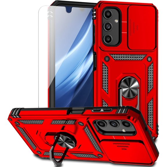 for Samsung Galaxy A24 Case with Slide Camera Cover HD Screen Protector [Military Grade 16ft. Drop Tested] Magnetic Ring Holder Kickstand Protective Phone Case for Samsung Galaxy A24, Red
