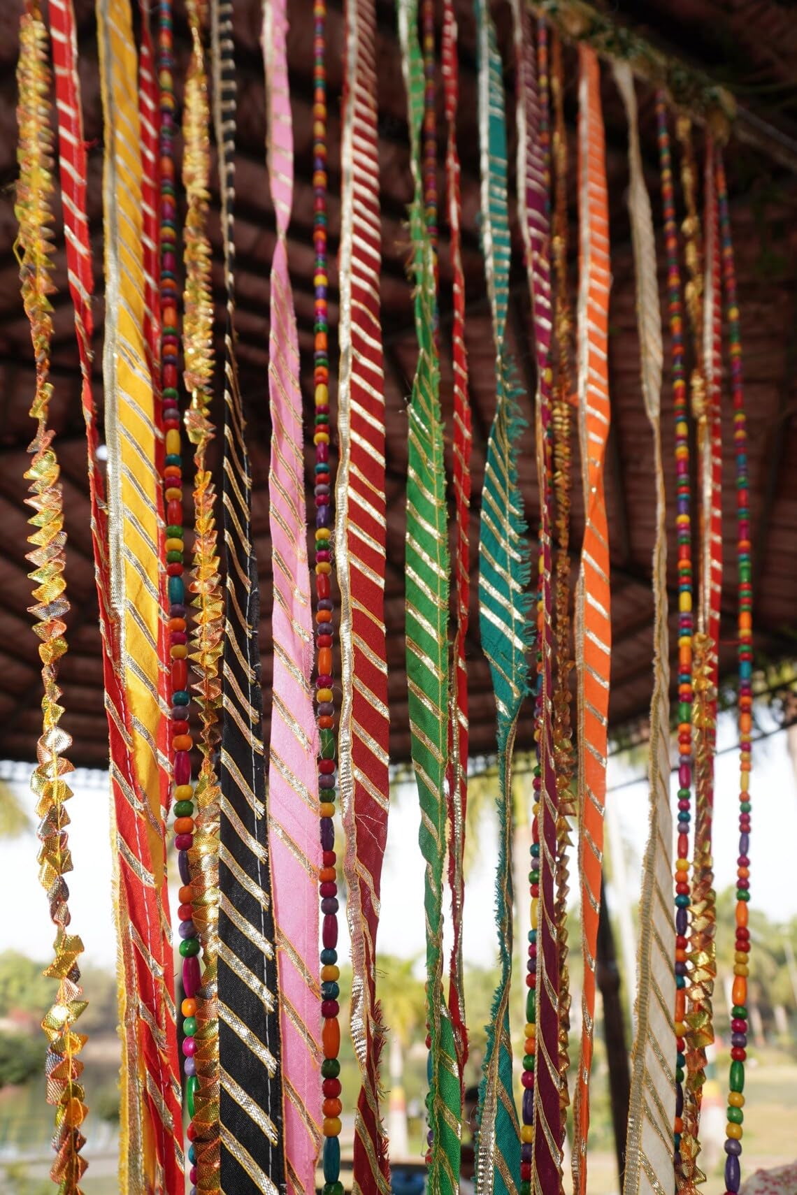 Handmade Rainbow Rag Curtain: Hippie Boho Door Divider, Beaded Decor