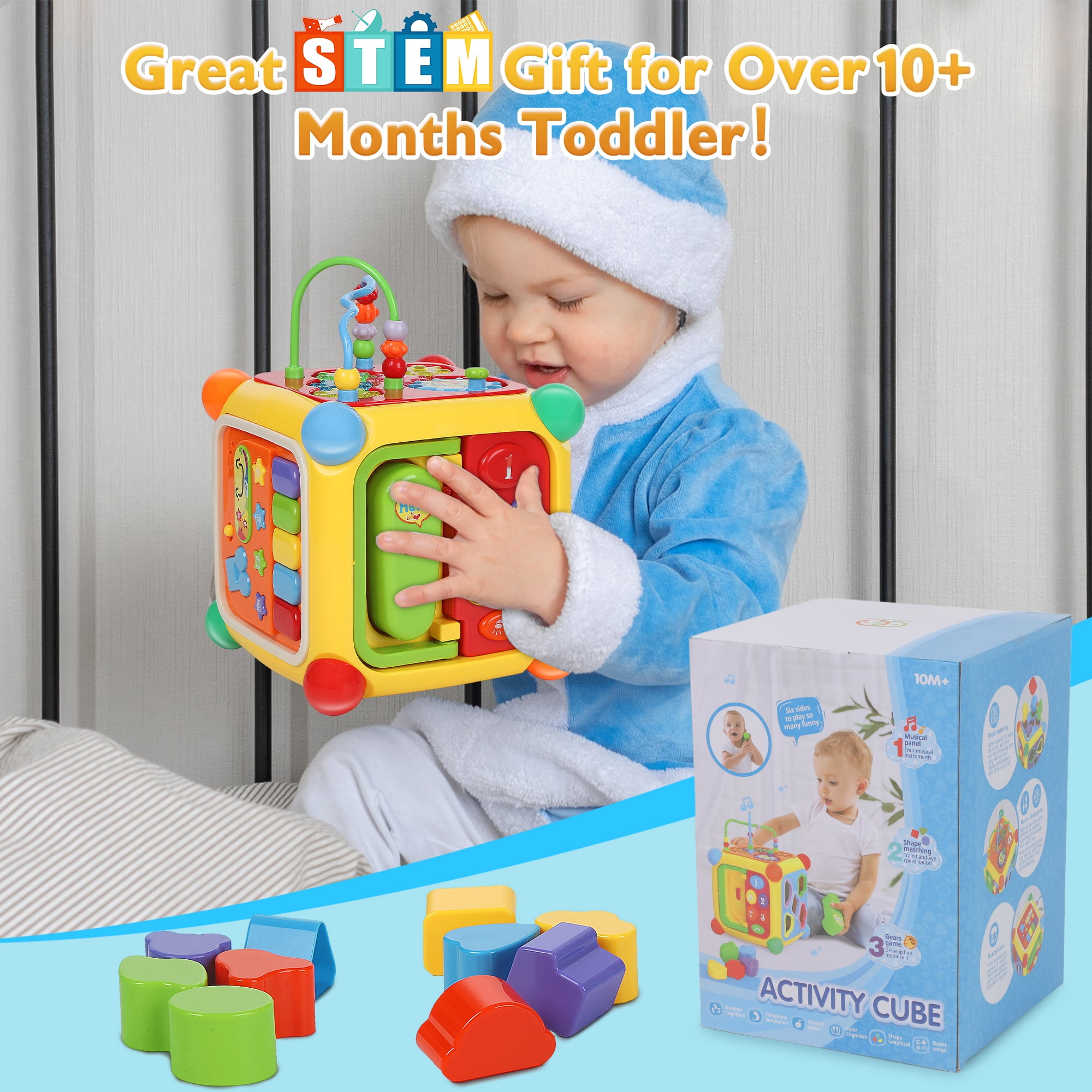 Aikidkit 6-in-1 Baby Activity Cube with Music, Montessori Learning Toys for Toddlers Kids 10-36 Months, for Birthday Christmas Baby Shower Gifts, Colorful