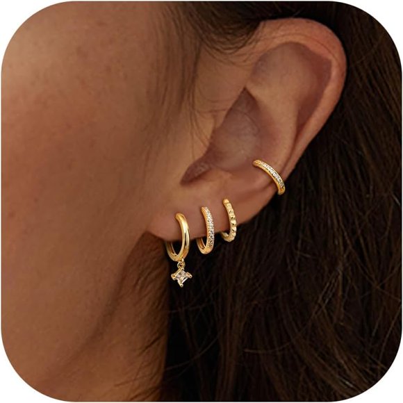 shiyou-4 Pairs Dainty Gold Stud Earrings for Women 14k Gold Plated Earring Sets for Multiple Piercing Hypoallergenic Small Hoop Earring Stack Sensitive Earrings Stackable Hoops Earings
