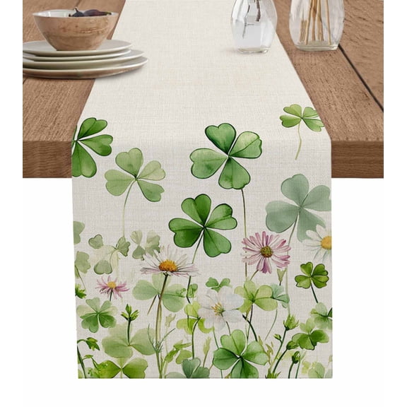 Green Lucky Clovers Table Runner 108 Inches, Spring Floral Summer Botanical Bed Runner Dresser Scarves Tabletop for Indoor Outdoor Parties/Ceremony/Banquet, 13"x 108"