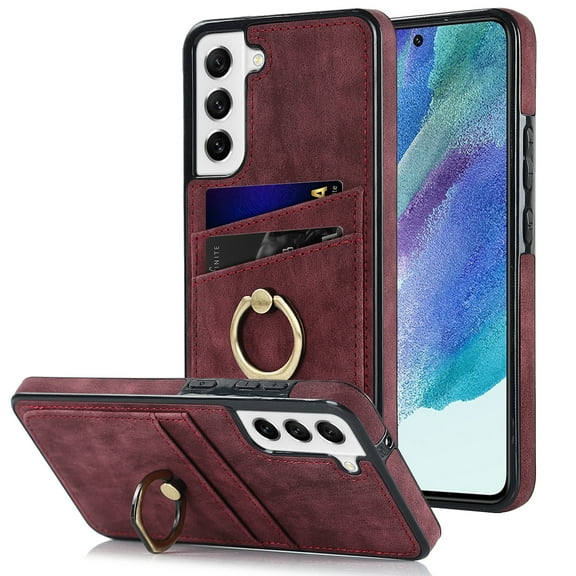 Fit for Samsung Galaxy S21 FE Case Card Pocket 360° Rotatable Ring Holder Kickstand, Shockproof Drop Resistant PU Leather Soft TPU Back Protective Phone Case For Samsung Galaxy S21 FE, Winered