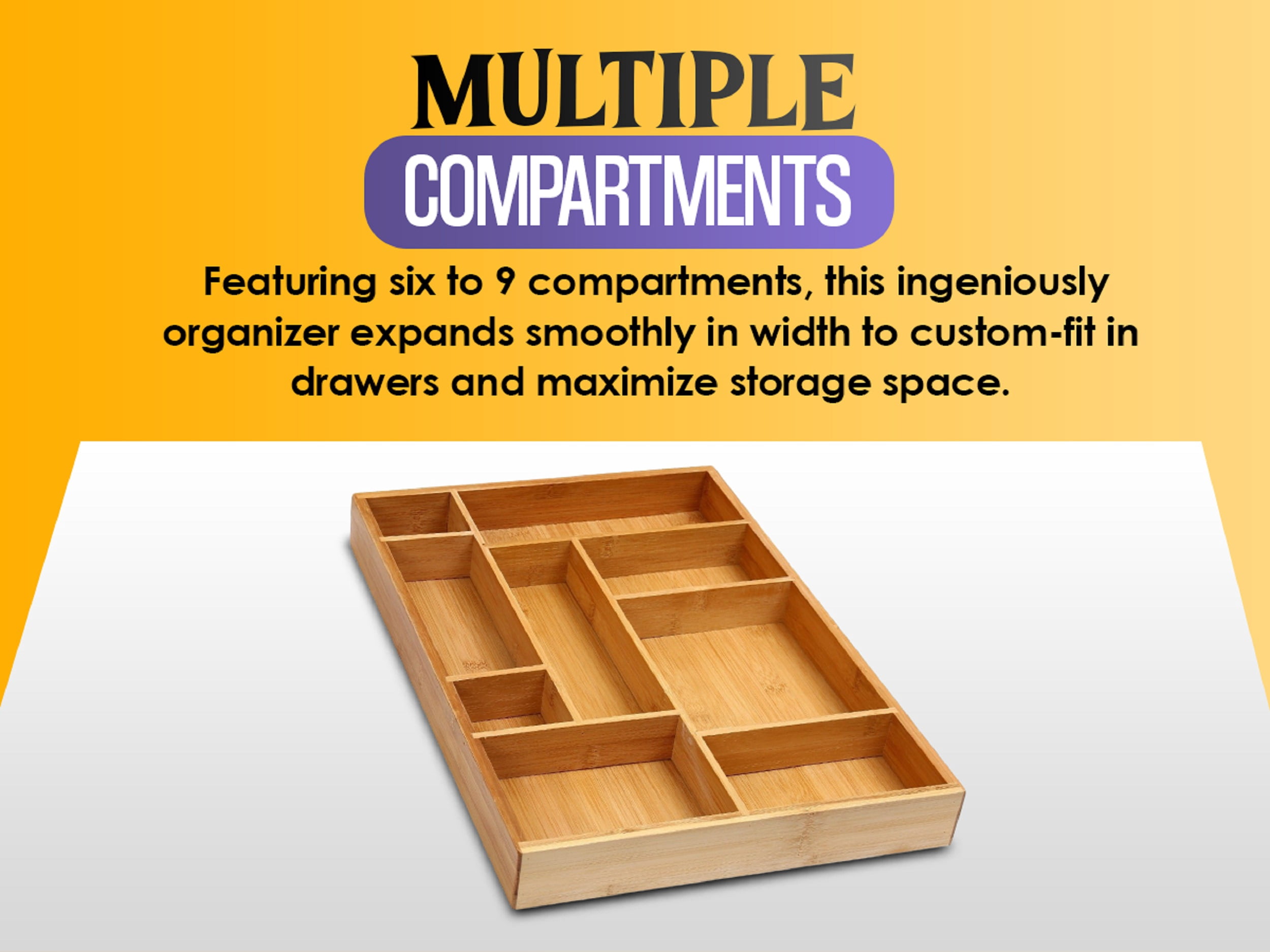 YBM Home Bamboo Drawer Organizer for Home Organization - 9 Compartment Tray, Brown