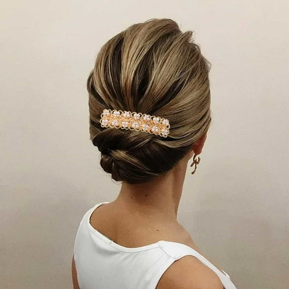 Elegant Gold Pearl French Barrette for Women Formal Bridal Hair Jewelry Large Floral Hair Clip Hairpiece Accessory