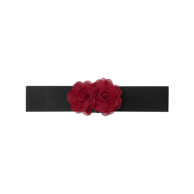 Cinturón Elástico Ancho para Mujeres INSPIRE CHIC, Corsé Estirable de Doble Flor Grande, Elegante y Casual para Vestido 68x6cm/26.8x2.4 pulgadas (LxA) Burdeos