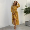 thumbnail image 4 of Odeerbi Dresses for Women 2025 Fashion Crewneck Floral Printed Slim Long Sleeves Ankle-length Dress Yellow, 4 of 6