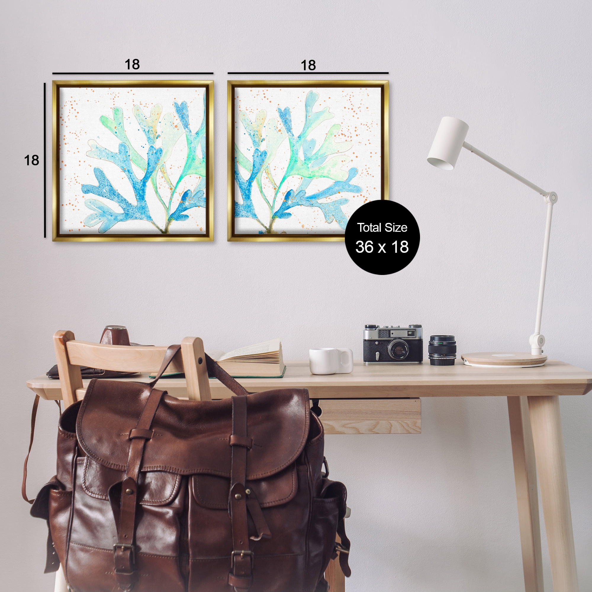 Stupell Industries Speckled Blue Green Coral Plants & Flowers Painting Gold Floater Framed Canvas Art Print Wall Art, 18 x 18, Set of 2