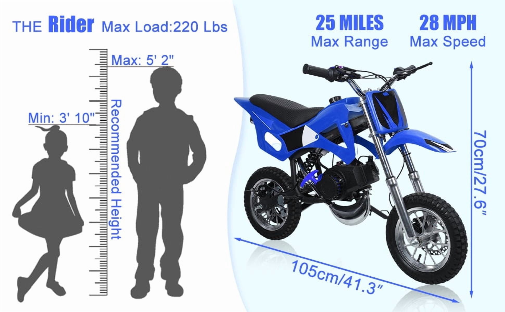 Korogimeeet Gas Powered Blue Mini Dirt Bike 49cc 2-Stroke, EPA Certified Engine, Plastic Fuel Tank Lightweight, 40KM/H Max Speed, 100kg Capacity, 41 x 22 x 28 Inch