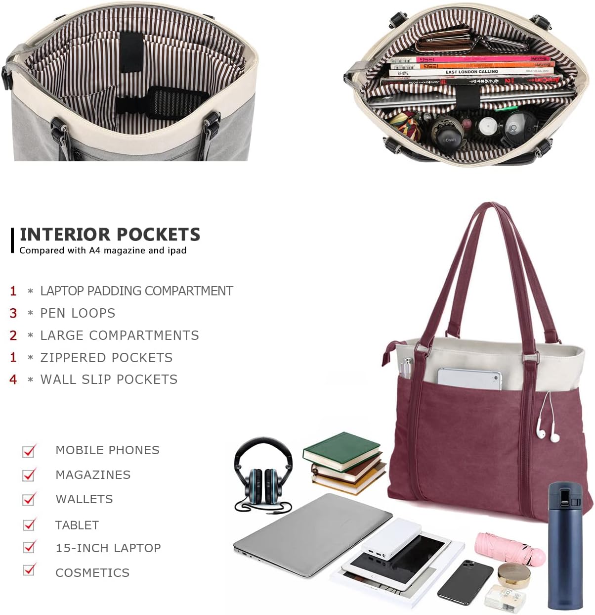 Lohol 15.6" Laptop Tote Bag for Women Fahion Work Purse with Zipper Pockets for Teachers Burgundy