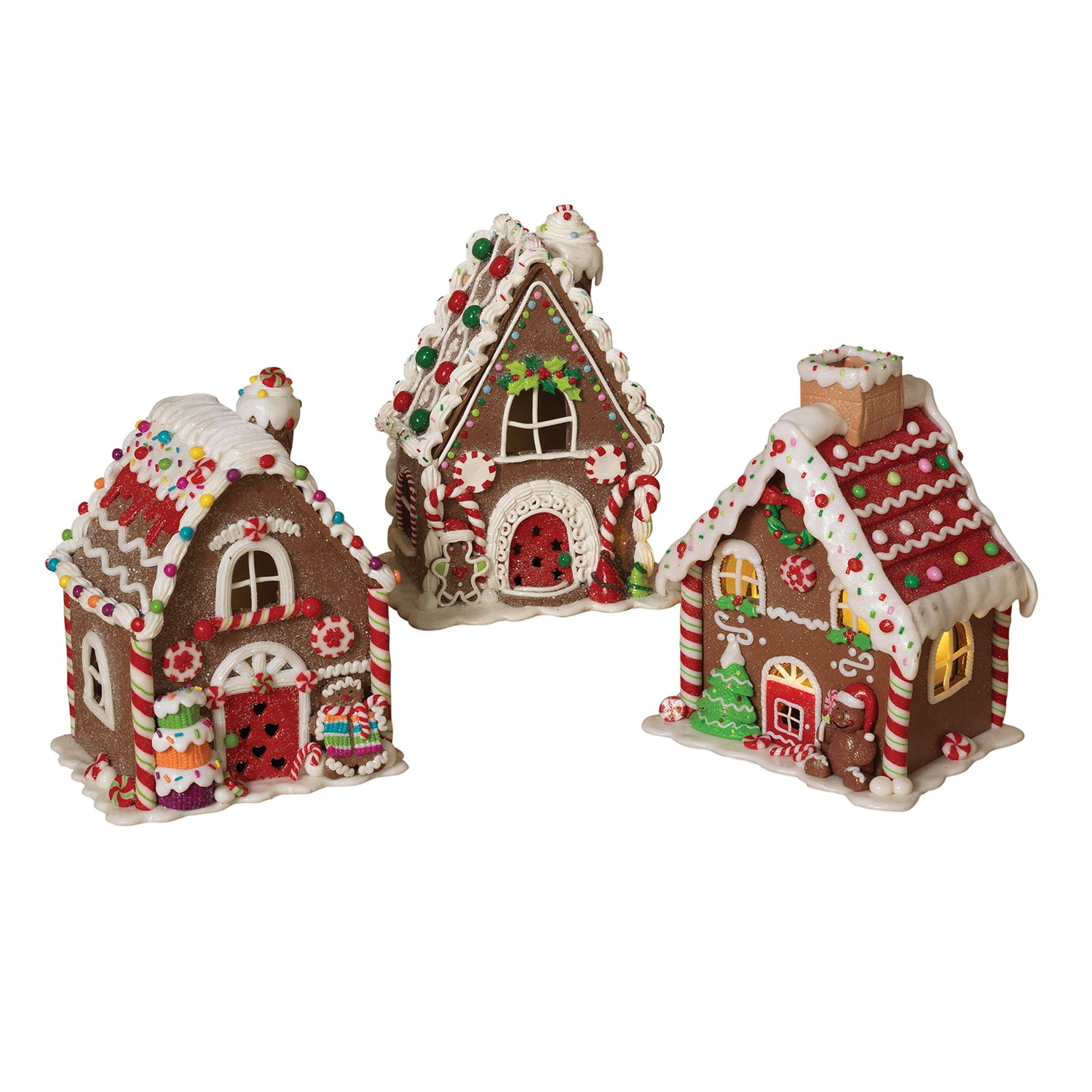 Holiday Clay Lighted Gingerbread House 3pc Fancy Winter Snow Village