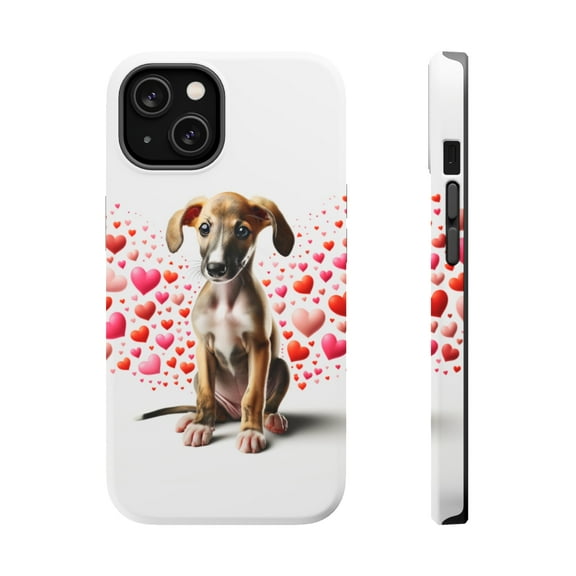 DistinctInk Tough Case for Apple iPhone 13 MINI (5.4" Screen), Compatible with MagSafe Charging - Valentine's Day Greyhound Puppy