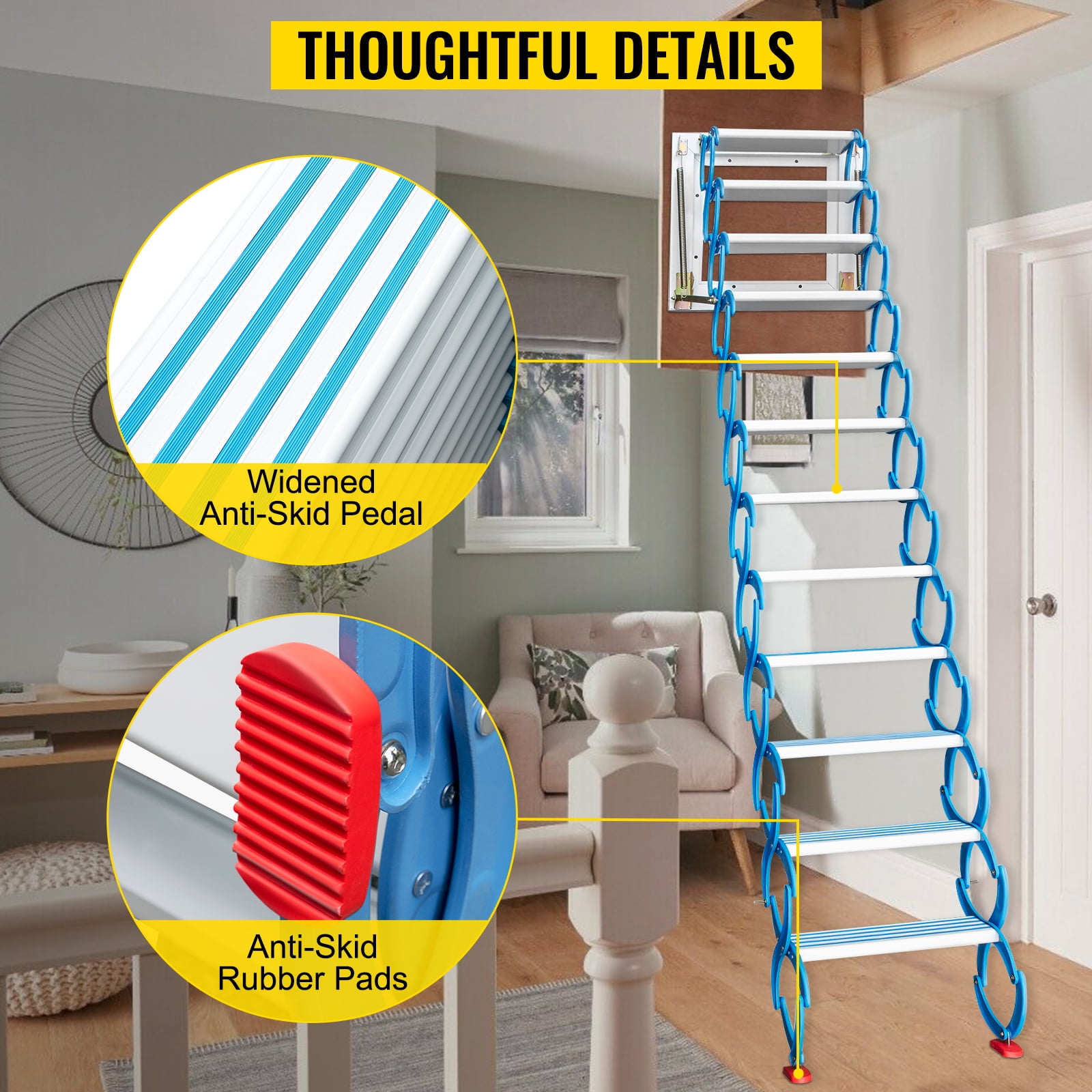 VEVORbrand Attic Steps Pull Down 12 Steps Attic Stairs, Alloy Attic Access Ladder, Pulldown Attic Stairs, Wall-mounted Folding Stairs For Attic, Retractable Attic Ladder With Armrests, 9.8 Feet Height