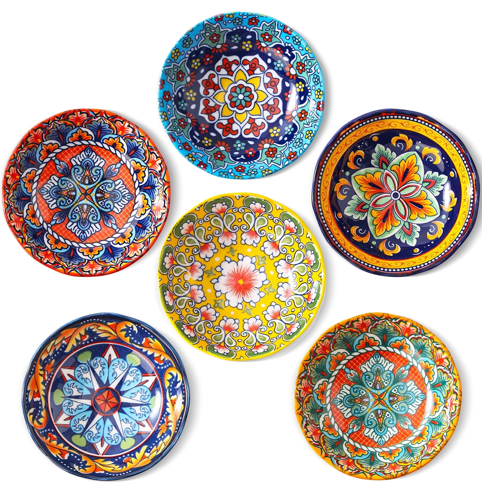 NTKOW 2.7 Oz Ceramic Dipping Bowls Sets of 6, Bohemian Small Bowls for Sauce, 3 Inch Mini Appetizer Plates for Soy Sauce, Sushi, Condiments & Side Dishes, Microwave & Dishwasher Safe