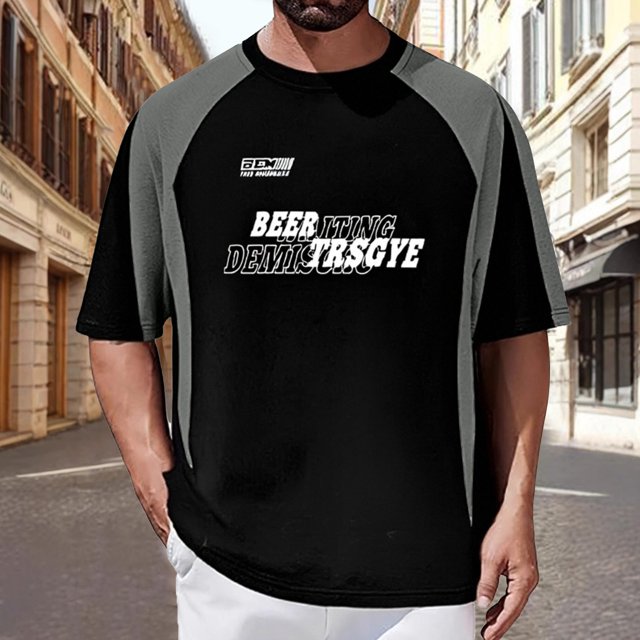 T-Shirts European Minimalist Color Blocked Retro Sports Loose Round Neck Short Sleeved Shirt Men Grey S