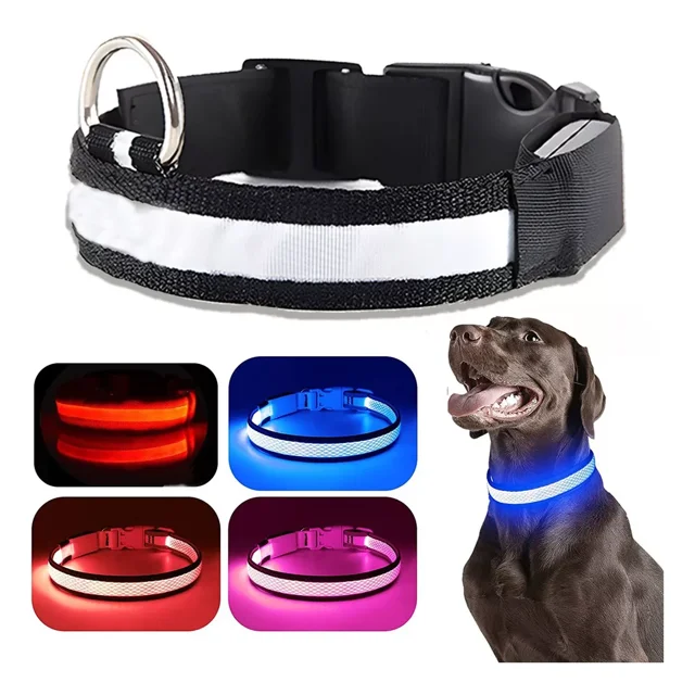 Collar,correa P,perro Con Luz Led Seguridad Paseo Nocturno Color Negro Tamaño del collar M