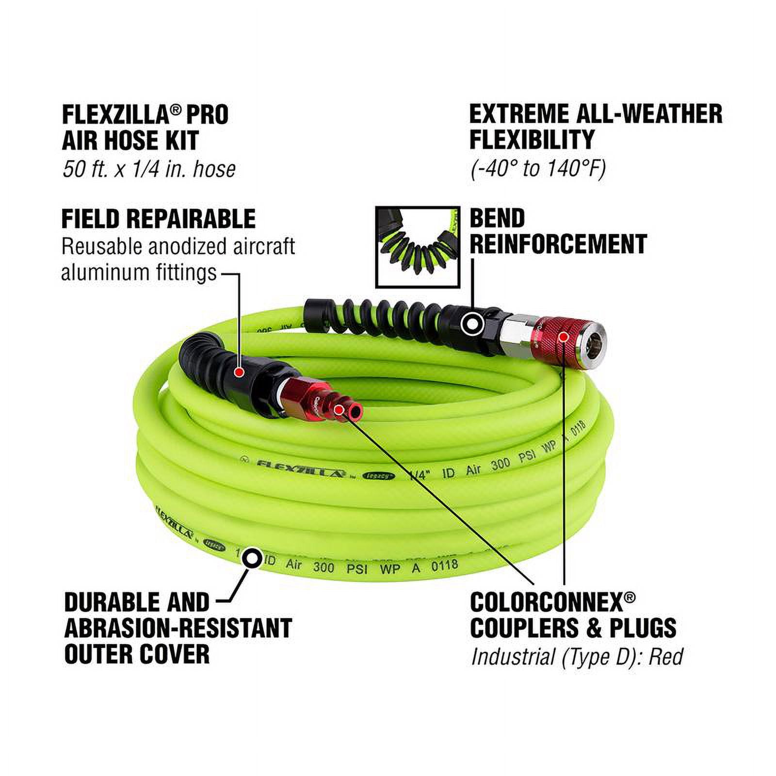 Flexzilla Pro 50 ft. L x 1/4" Dia. Hybrid Polymer Air Hose Kit 300 psi Zilla Green