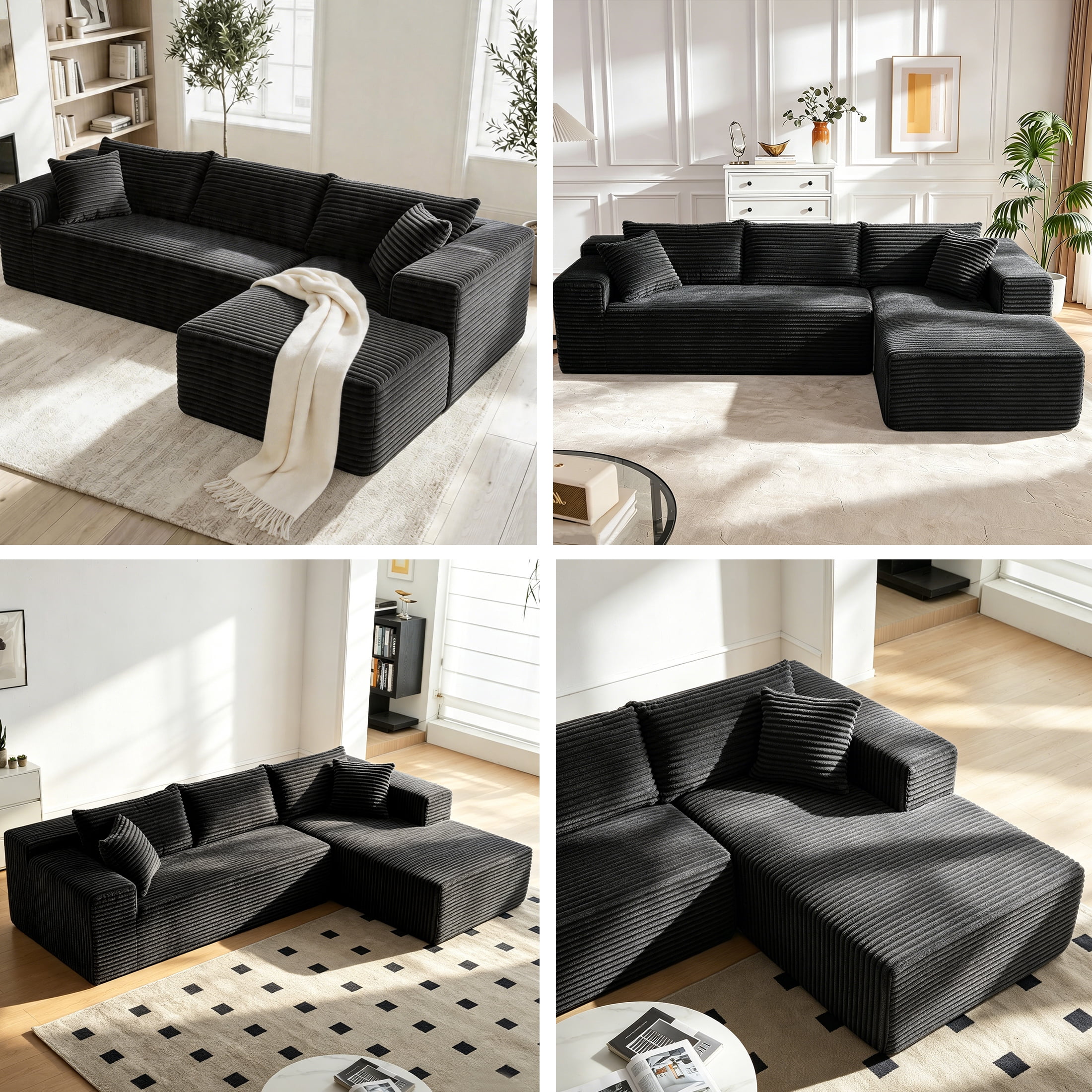 Xiweot 103" Cloud Sectional Couch for Living Room, Memory Foam Sectional Sofa with Deep Seat, Corduroy L Shaped Modular Sectional Couch with Right Facing Chaise, Black