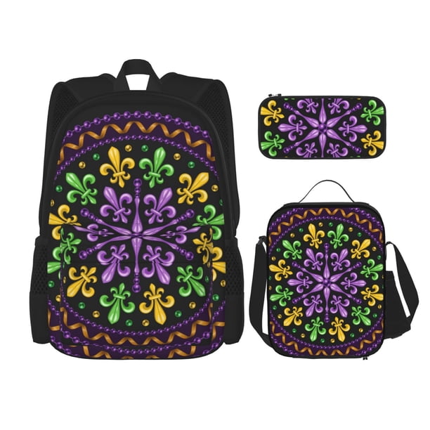 Easygdp Mardi Gras5 Mochila para Niños y Niñas con Set de Caja de Almuerzo y Estuche para Lápices 3 en 1, Mochila Escolar Estampada para Adolescentes