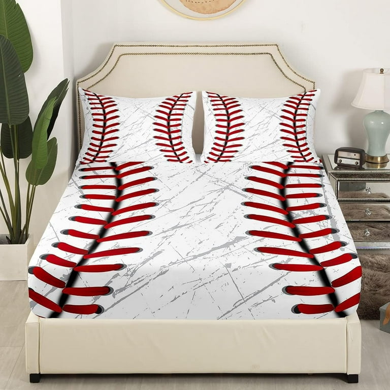 YST Baseball Bed Sheets for Boys,Red White Baseball Sheet Set for  Kids,Grunge Ball Print Bedding Set,Sports Game Fitted Sheet + Top Sheet  Soft + 2