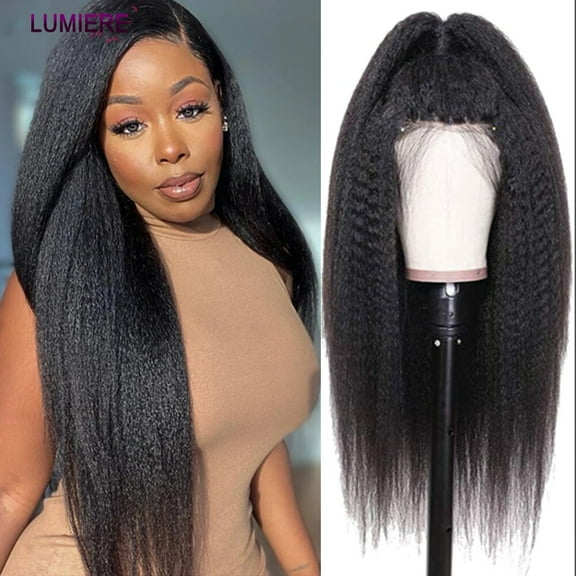 Lumiere Brazilian Kinky Straight Lace Closure Human Hair Wigs 4x4 Lace Closure Wig Cap 150% Natural Black 28"