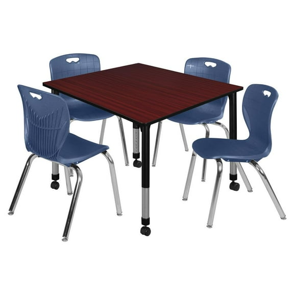 Kee 48in. Square Adjustable Moblie  Table-Brown & 4 Andy 18-in  Chairs-Blue
