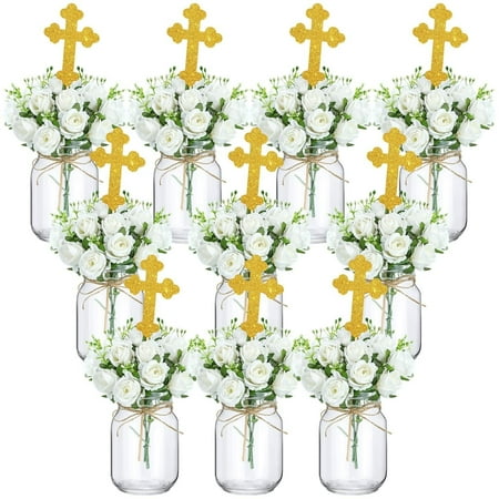 10 Sets Baptism Table Centerpieces with Clear Glass Mason Jars Glitter