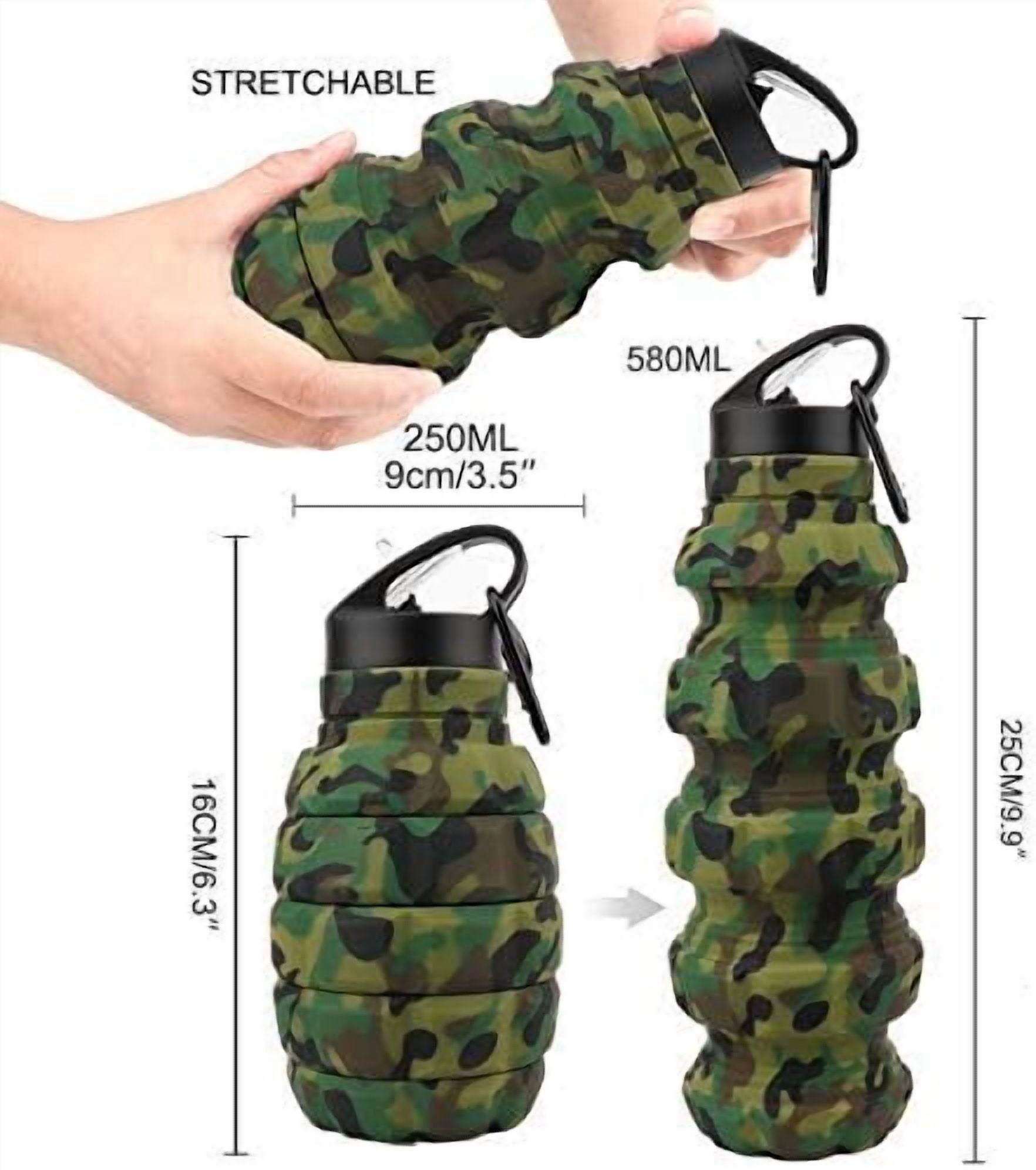 Collapsible Travel Water Bottle19.6 oz, Reuseable Silicone Foldable Water Bottles for Gym Camping Hiking, Portable Leak Proof Sports Water Bottle with Carabiner (Army green camouflage)
