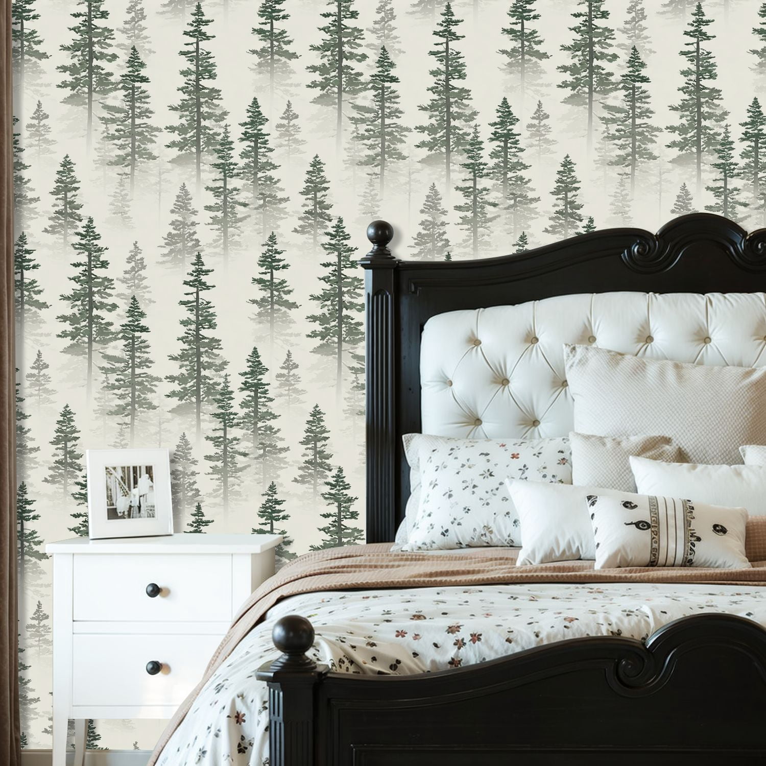 Woodland Peel and Stick Wallpaper 23.6in x 9.8ft Pine Forest Misty Evergreen Trees Soft Contact Paper Vinyl Waterproof Self Adhesive Wall Paper for Bedroom Shelf Cabinet Renter Friendly