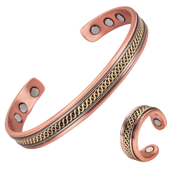 Metaljc Magnetic Copper Cuff Bracelet and Ring Set for Women, Braided Texture, Set of 2, Adjustable