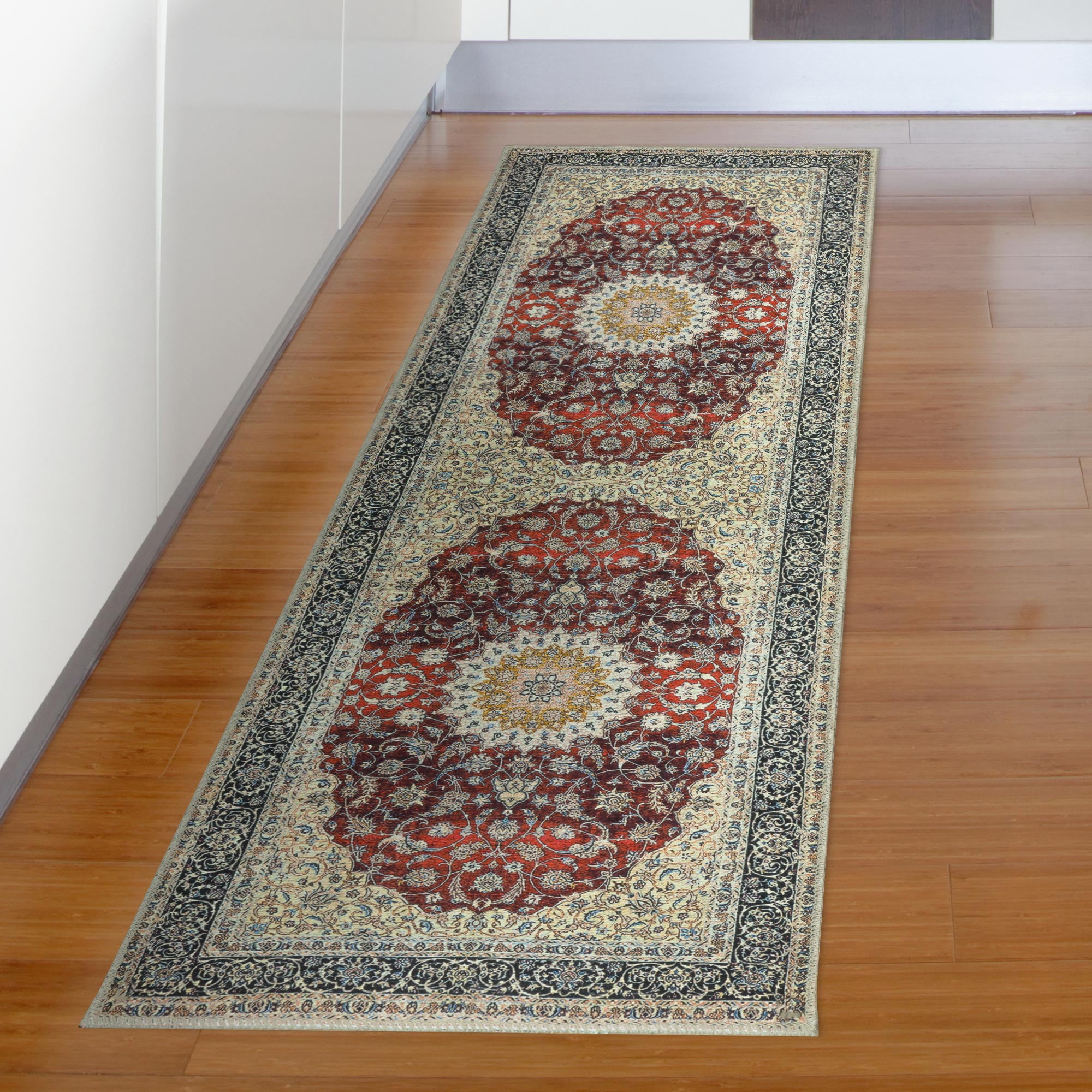 Ottomanson Machine Washable Cotton 2x5 Flatweave Runner Rug for Bedroom, 20" x 59", Red Medallion