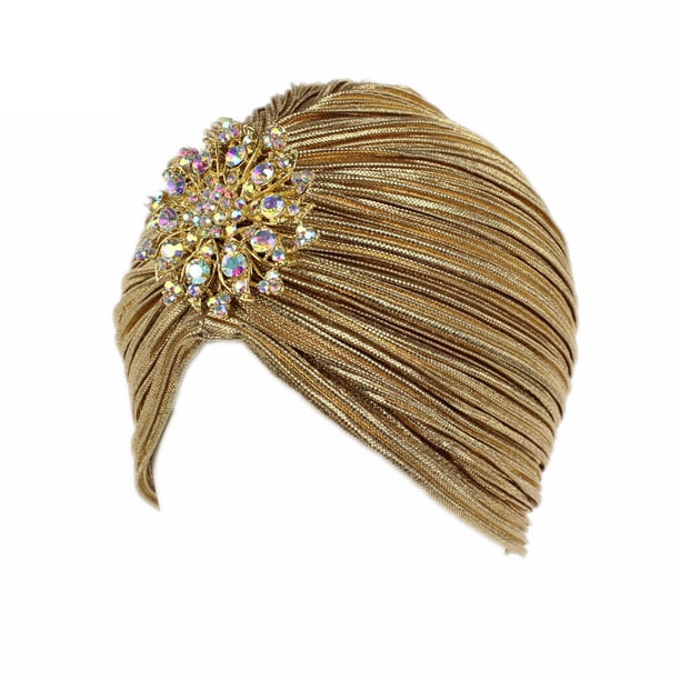 Xiao Hua Turbante elástico con volantes para mujer, con lentejuelas y rizos retorcidos, con broche de cristal extraíble (dorado claro)