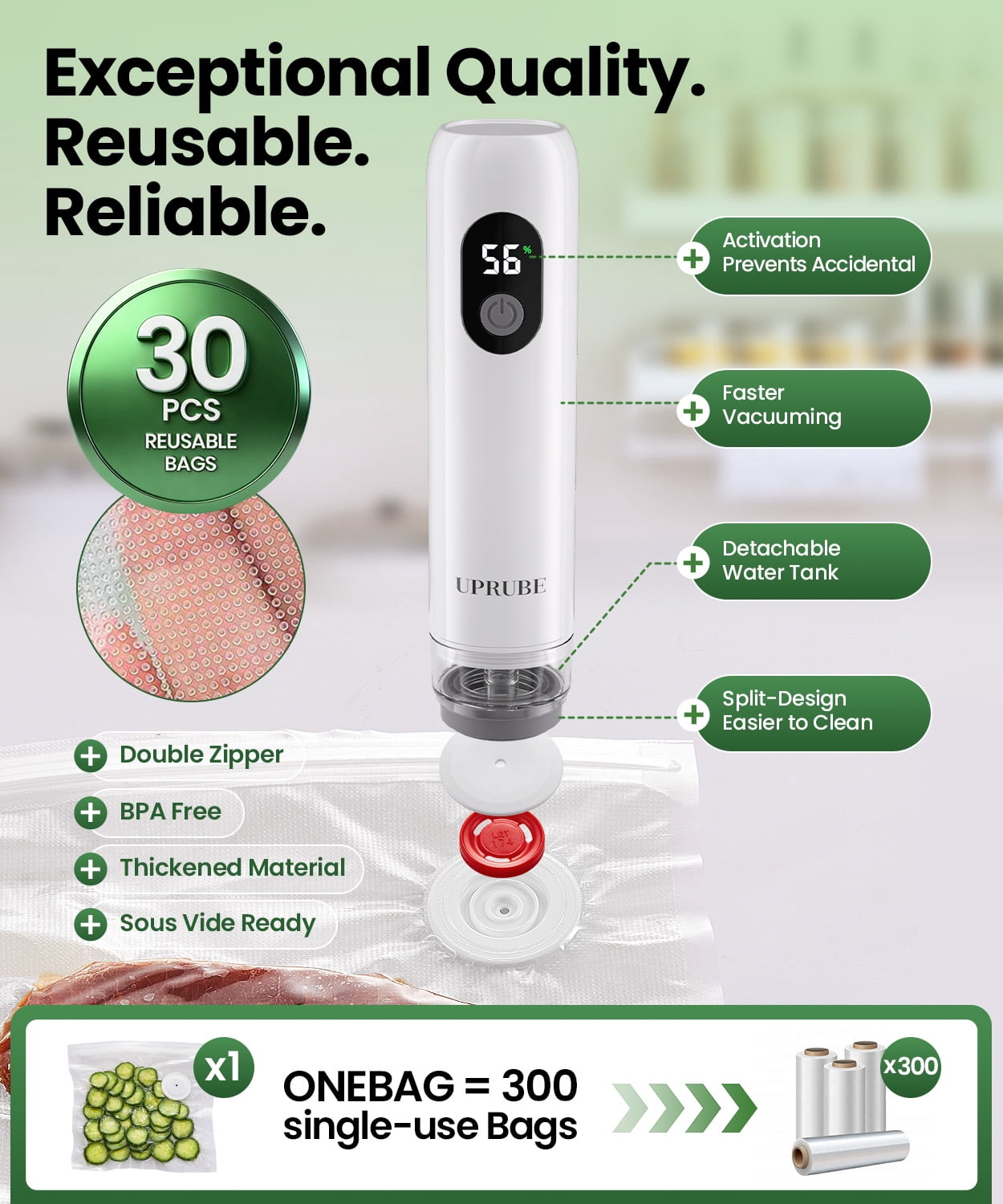 UPRUBE Handheld Vacuum Sealer for Food,Portable Food Vacuum Sealer with LED Display,30 Vacuum Bags Included