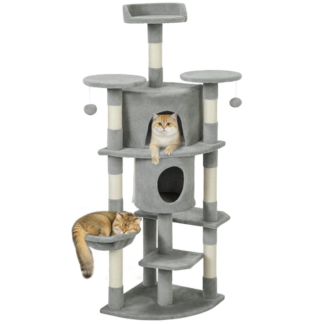 PawHut 62" Cat Tree, Multi-Level Cat Tower with Scratching Post, Light Grey
