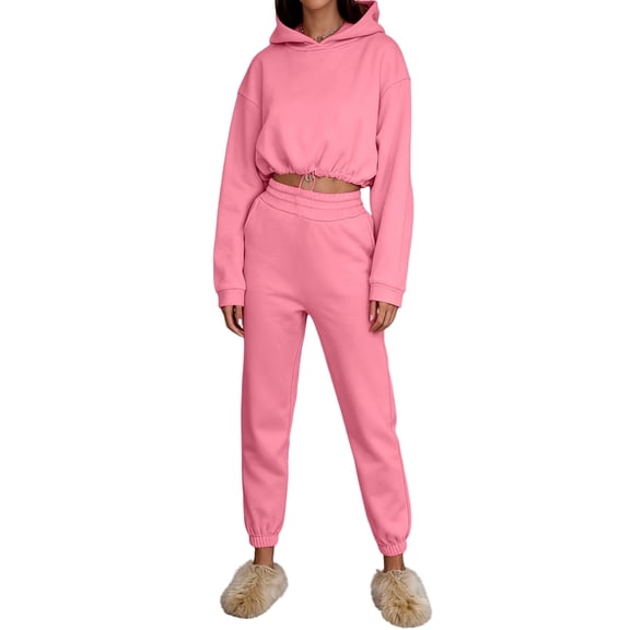Huankd Sweatsuits for Women Set 2 Piece Tracksuits Outfits Casual Long Sleeve Crop Hoodie Jogger pants Matching Sets Pink S